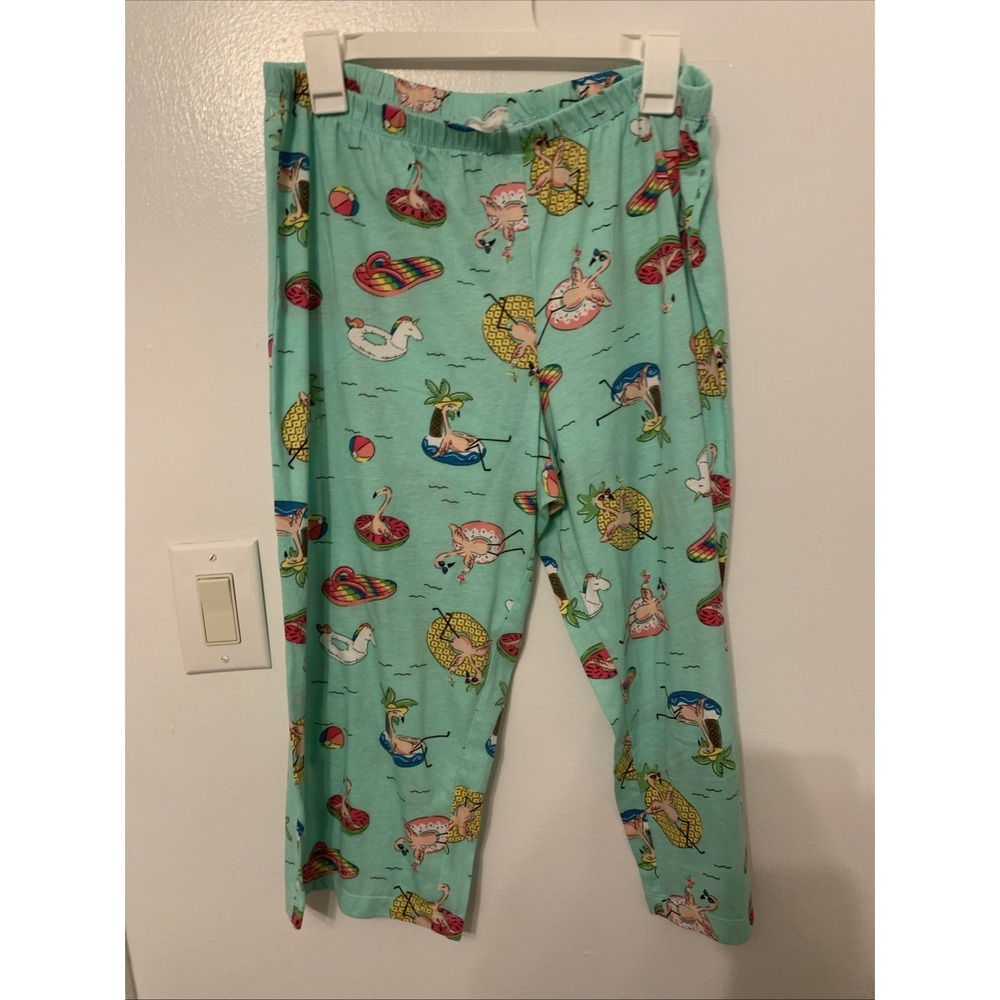 Secret Treasures Swimming Flamingos Pajama Set Mint Green Capri Large 12-14